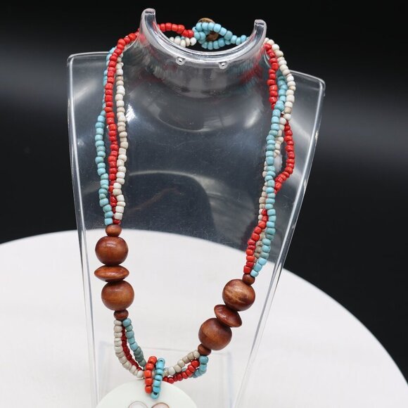 3-Strand Sead Bead Necklace with Handcut, Hand Inlay, Mother of Pearl Pendant - Picture 2 of 6